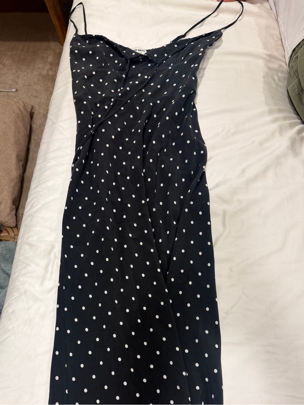 Reformation Par Black Slip Dress with White Polka Dots